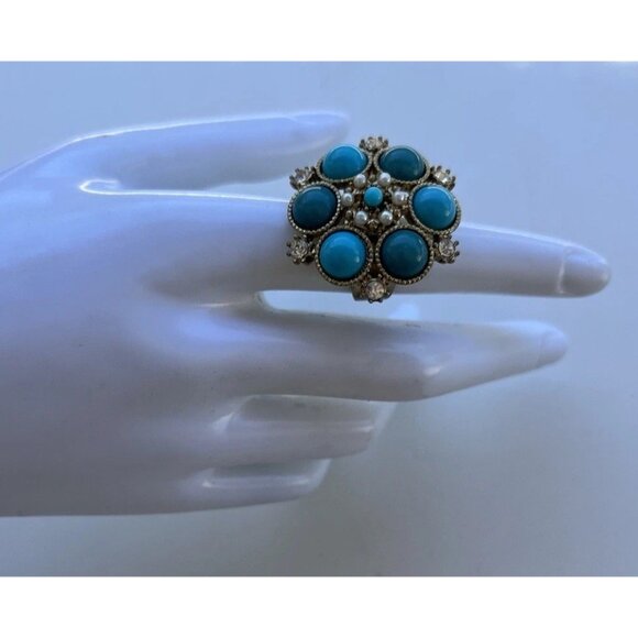 Vintage Size 6.5 Silver Oval Turquoise Pearl White Stone Faux Ring Western Style - Picture 2 of 11